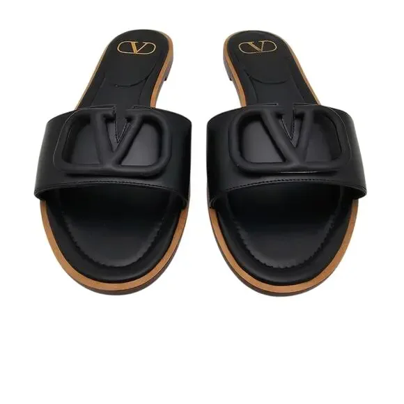 Valentino Garavani VLogo V Logo Flat Slide Sandal Black Leather Size 39 US 9 - Picture 4 of 12